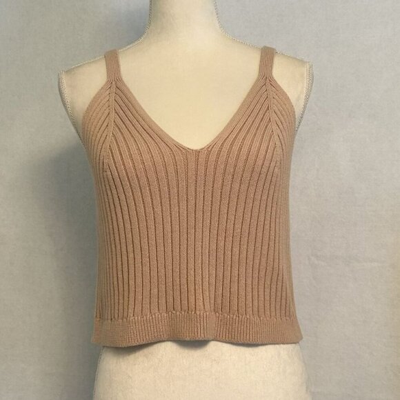 aerie Tops - NWT Aerie 100% Cotton Rib Knit Sleeveless V-neck Cropped Tan Sweater Top XXL